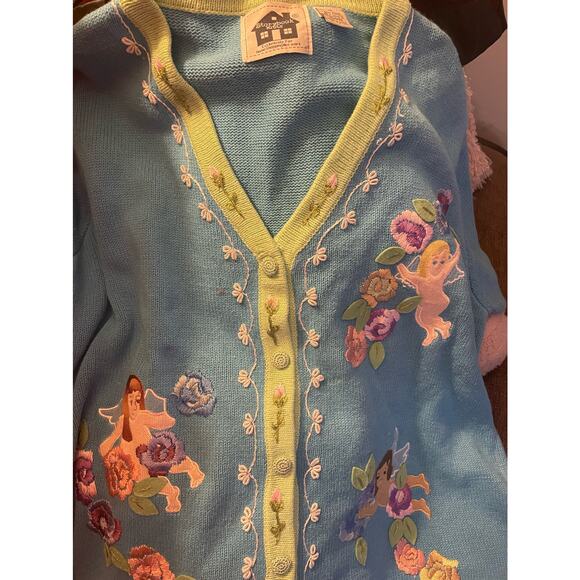 Storybook Knits Cherub Garland Embroidered Cardigan Sweater Blue Short Sleeve 1X - Picture 8 of 9